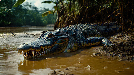 Obraz premium An alligator emerges from murky river water onto the muddy bank, its teeth gleaming. Lush jungle foliage frames the scene, hinting at a tropical habitat. Scales glisten in the sunlight.