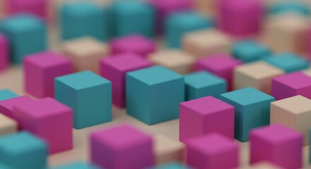 Obraz premium Abstract 3D Render of Colorful Cubes Pink Teal and Beige Geometric Shapes
