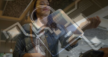 Image of network security padlock over people using payment terminal