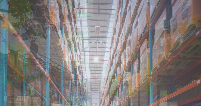 Image of financial data processing over warehouse