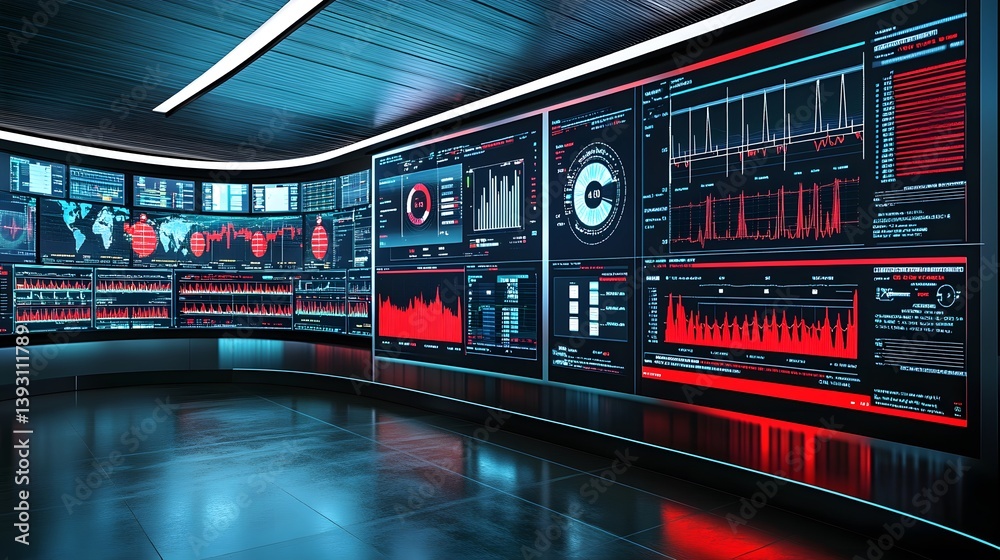 Poster a futuristic control room with numerous large screens displaying real-time data, graphs, and charts 