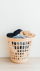 Contemporary Laundry Basket Overflowing with Used Clothes Against White Wall, Household Chores Concept in High Resolution Image