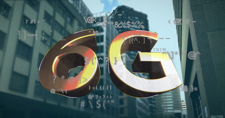 Image of 6g text over data processing and cityscape