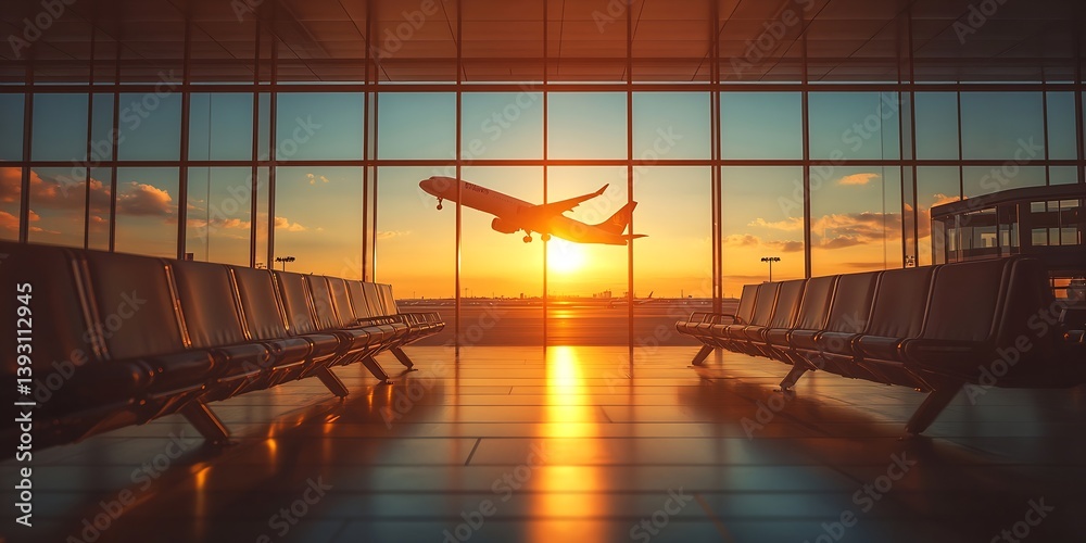 Poster Airport Terminal at Sunset with Airplane Taking Off Reflective Floor and Empty Seats Waiting : Generative AI