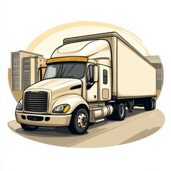 Transport truck on urban road with buildings in background at sunset