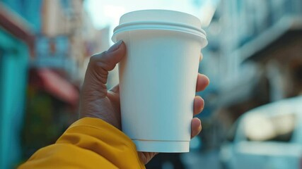 Hand hold white disposable coffee cup against blurred urban background. Fresh morning vibe. Takeaway drinks, urban lifestyle, or refreshment. Blank surface for branding or text mock up. Beverage to go