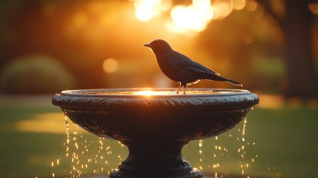 Black bird perched on a water fountain at sunset.  Peaceful garden scene - Powered by Adobe