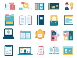 Fototapeta premium Generate variety of detailed colorful icons symbolizing educational technologies such LMS platforms digital textbooks online certifications