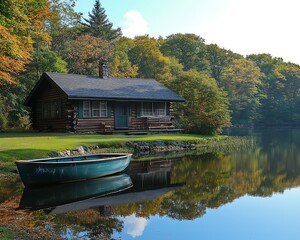 Obraz premium A rustic log cabin and boat sitting peacefully by the lake