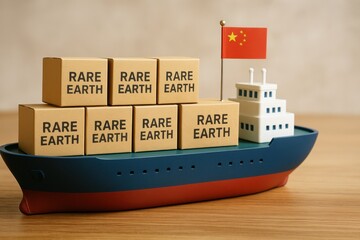 A small model ship loaded with boxes labeled 