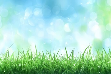 Obraz premium Lush Green Grass with Soft Blue Background and Gentle Bokeh Effect