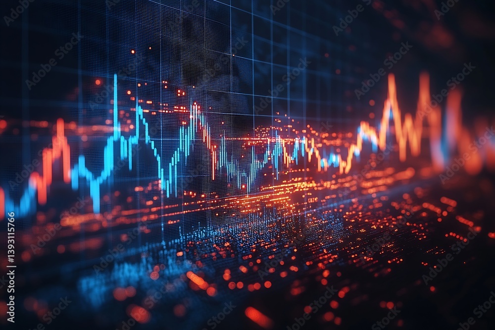 Poster Futuristic Stock Market Chart with Data Points Abstract Financial Graph with Glowing Blue and Orange Lines and Particles Analysis : Generative AI