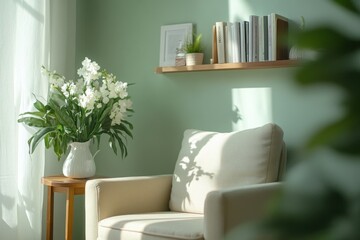 Interior scene with white armchair, flowers in vase bookshelf and light green wall decor at home