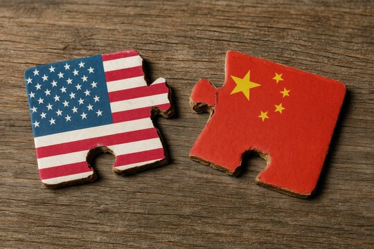 Two puzzle pieces featuring the American and Chinese flags, symbolizing their complex relationship and global connections.