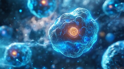 Nanodiamond sensors cells abstract science art glowing blue accents