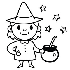 Adorable Little Witch with Cauldron | Cute Halloween Line Art