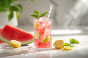 Fototapeta premium Refreshing Watermelon Lemonade Cocktail With Fresh Fruits on Wooden Table
