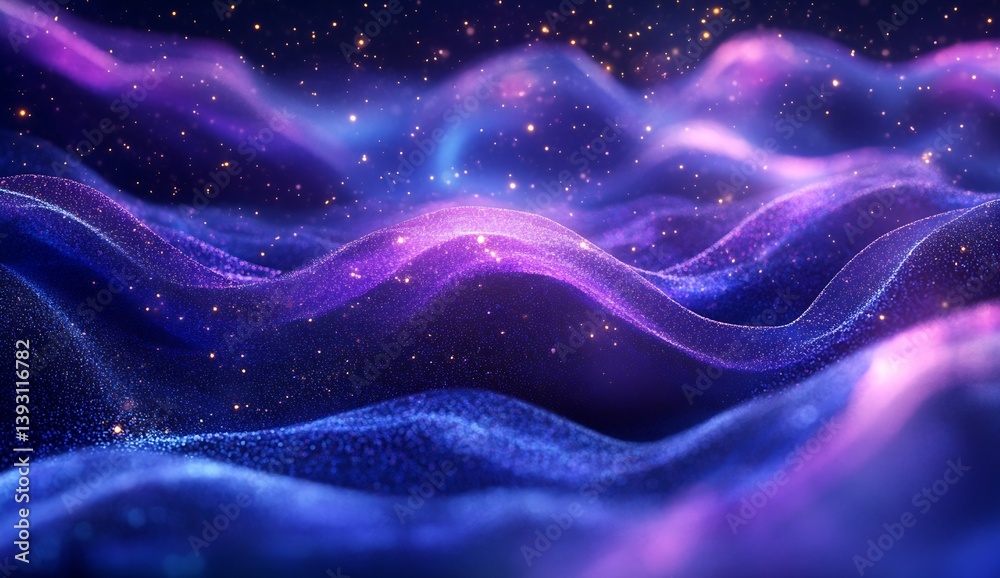 Poster enchanting waves of sparkling colors in hues of purple and blue illustrating a cosmic dreamlike atmo
