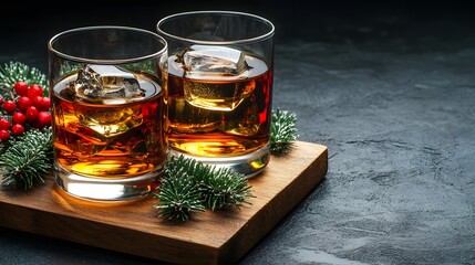 Two Glasses of Whiskey on Ice with Festive Winter Decor
