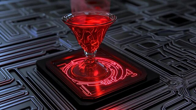 Cyberpunk Elixir: A Futuristic Red Potion on a Tech Surface