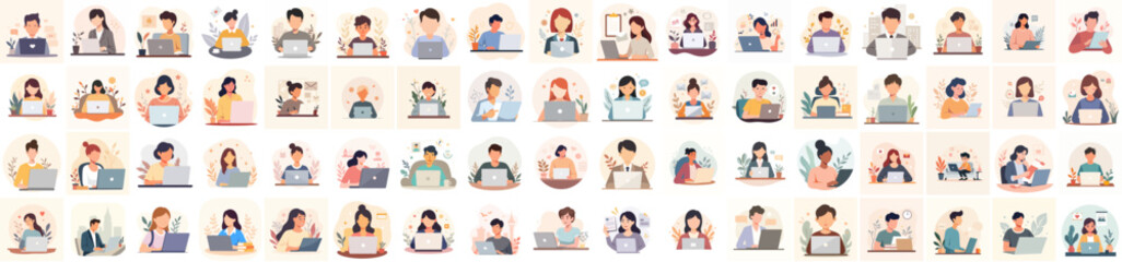 sheet of People working and communicating with laptops in modern flat style illustration	