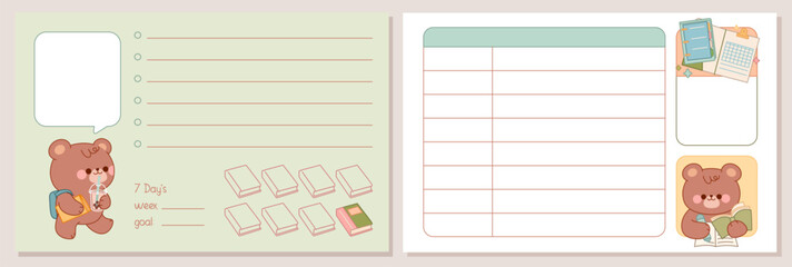 Kawaii notepad set with studying and working bear. Weekly Plan, To Do List, Check List. Cute Memo Pads, Stationery, Sticky Note for task planning and study.