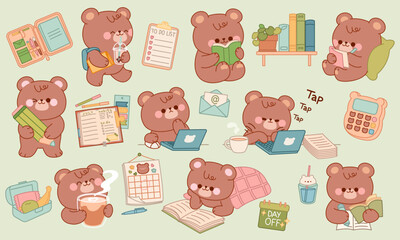 Cute little bear studies and works. Daily routine, planning, reading,  studying, working, relaxing. Cartoon stickers, Animal character design tidy vector isolated set. Kawaii style collection.
