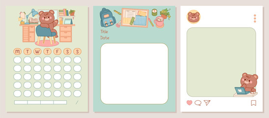 Kawaii notepad set with studying and working bear. Weekly Plan, To Do List, Check List. Cute Memo Pads, Stationery, Sticky Note for task planning and study.