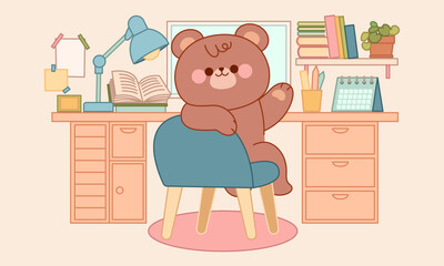 Cute little bear studying and working. Daily routine, planning, reading, relaxing. Cartoon stickers, Animal character design tidy vector isolated illustration. Kawaii style art.