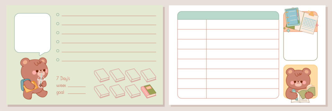Kawaii notepad set with studying and working bear. Weekly Plan, To Do List, Check List. Cute Memo Pads, Stationery, Sticky Note for task planning and study.