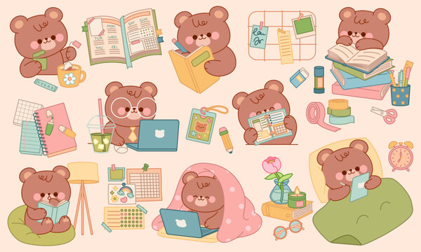 Cute little bear studies and works. Daily routine, planning, reading,  studying, working, relaxing. Cartoon stickers, Animal character design tidy vector isolated set. Kawaii style collection.