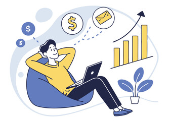 Man Relaxing With Laptop Earning Money Online And Tracking Business Growth