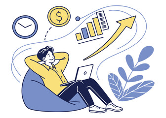 Relaxed Man Working On Laptop Achieving Financial Growth And Success Vector Illustration