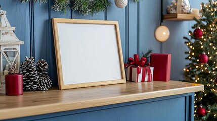 Festive wooden mantel with blank frame, Christmas gifts, and decor.  Cozy holiday scene