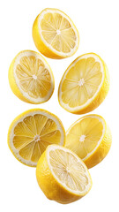 Fototapeta premium Six Slices of Fresh Yellow Lemons Falling in the Air Isolated on transparent background
