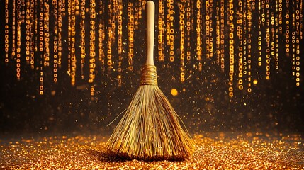 A golden broom sweeping digital data particles across a glittery surface
