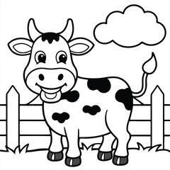 Cute cartoon calf, a happy dairy animal vector illustration on the farm coloring page