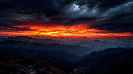 Fototapeta premium A dramatic view of mountain ridges silhouetted against a fiery sky, the fading light creating an otherworldly atmosphere over the landscape.A dramatic view of mountain ridges silhouetted against a fie