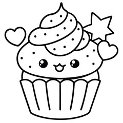 Kawaii coloring pages delicious pink cupcake vector illustration with sweet cream and a cherry, perfect for a birthday celebration
