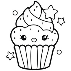 Kawaii coloring pages delicious pink cupcake vector illustration with sweet cream and a cherry, perfect for a birthday celebration