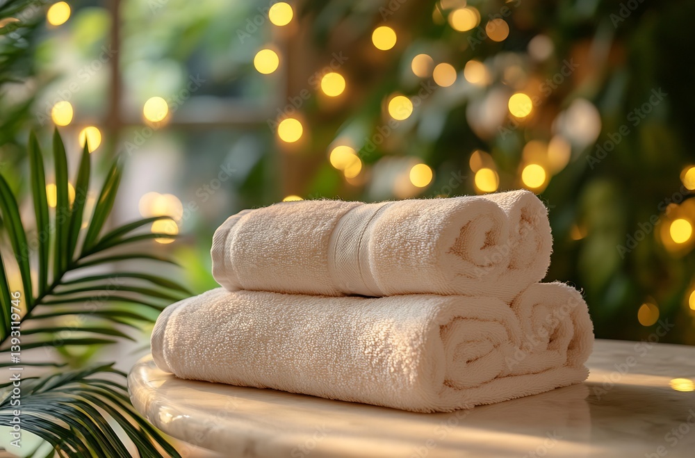 Poster Soft and fluffy white towels stacked neatly on a table surrounded by warm bokeh lights and green foliage for a spa atmosphere : Generative AI