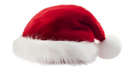 A classic red Santa hat with fluffy white trim and pom-pom, slightly curved at the tip isolated on white background