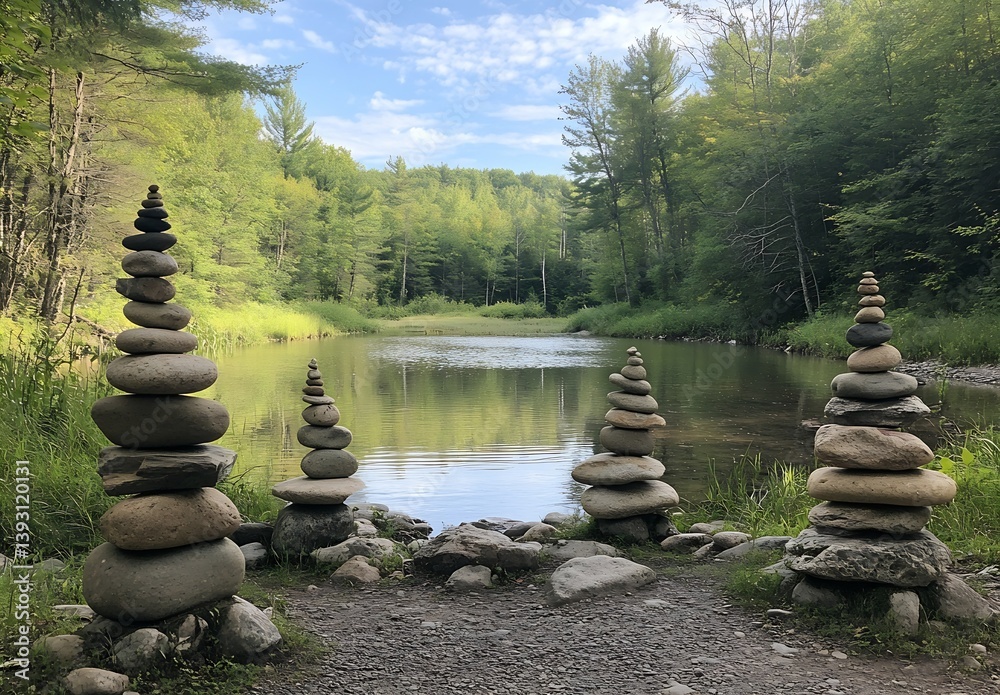 Poster scenic stone stacking art by a calm river in a lush forest perfect for mindfulness and meditation : 