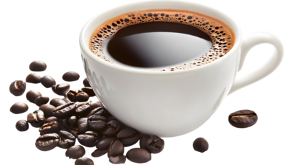 A cup of freshly brewed coffee on a white background