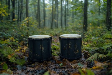 Fototapeta premium Two drums are placed in a green and misty forest setting