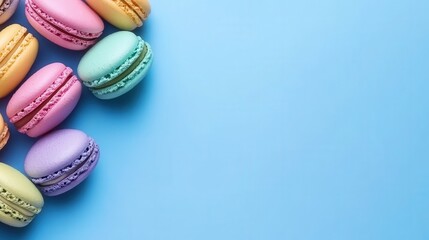 Fototapeta premium Colorful macarons arranged on a blue background, showcasing vibrant hues and textures