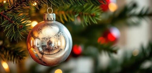 Gleaming silver bauble hangs from a Christmas tree branch, celebration decor, glitter