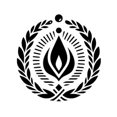 Emblem: Black & White Flame within Laurel Wreath, Modern Minimalism