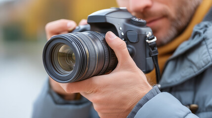 Photographer capturing moments with a DSLR camera outdoors  