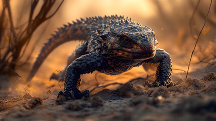Obraz premium Thorny lizard in a desert environment. The reptile has a rugged look, with scales and spines. The background shows a sandy habitat with sparse vegetation.